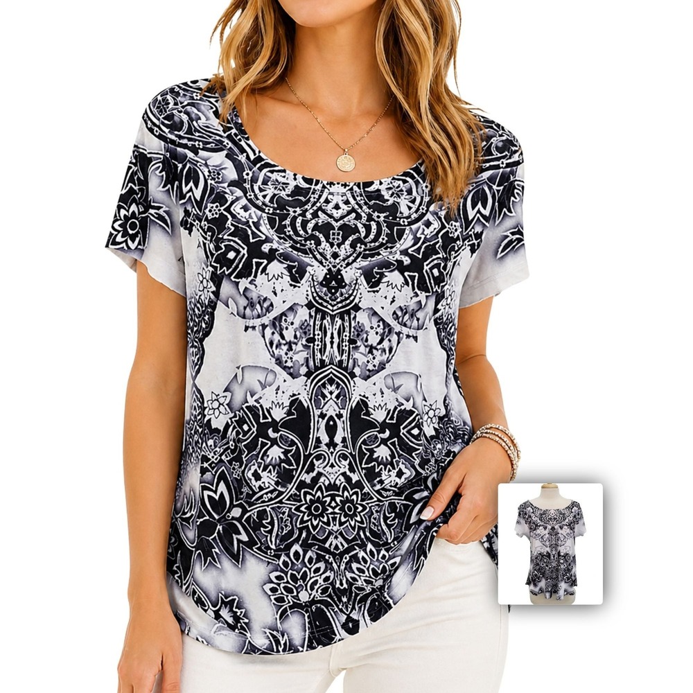 One World Geometric Tunic Rhinestone Sheer Stretch Flowy‎ Everyday Boho L